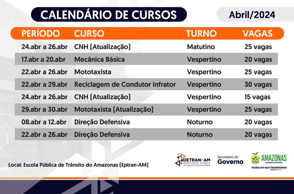 Calendário de cursos - (Arte: Detran-AM)